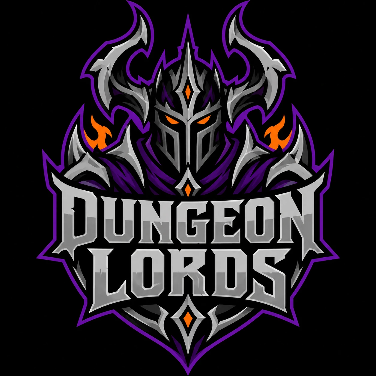 Dungeon Lords esports logo with a horned silver knight, purple crest, orange eyes and flames, and stacked silver lettering