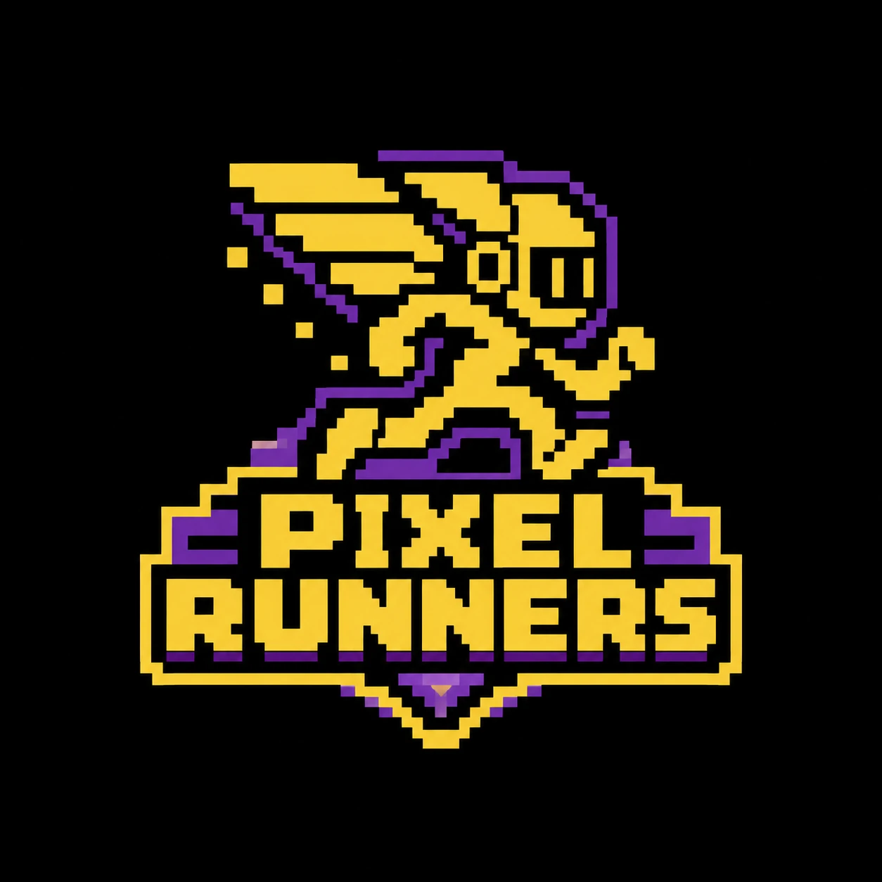 Pixel Runners esports logo with a gold running arcade mascot, purple pixel shadows, and stacked gold block lettering