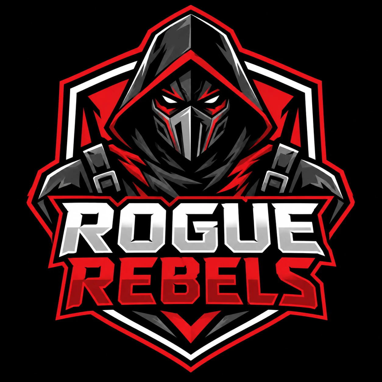 Rogue Rebels esports logo with a hooded masked mascot, red shield, and stacked white and red lettering